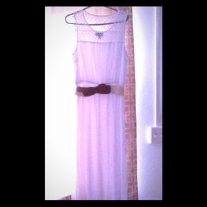 White floor length dress with belt around waist