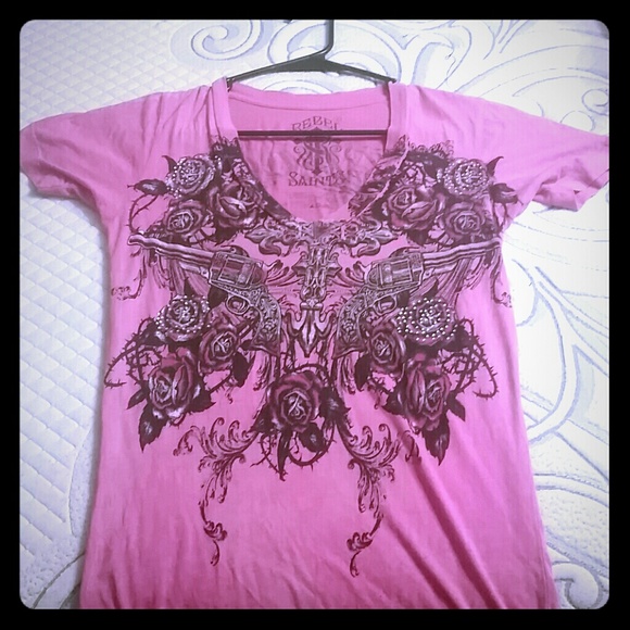Pink rebel saints jeweled v neck