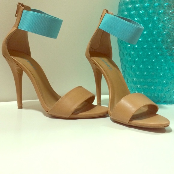 Nude heels with turquoise ankle straps