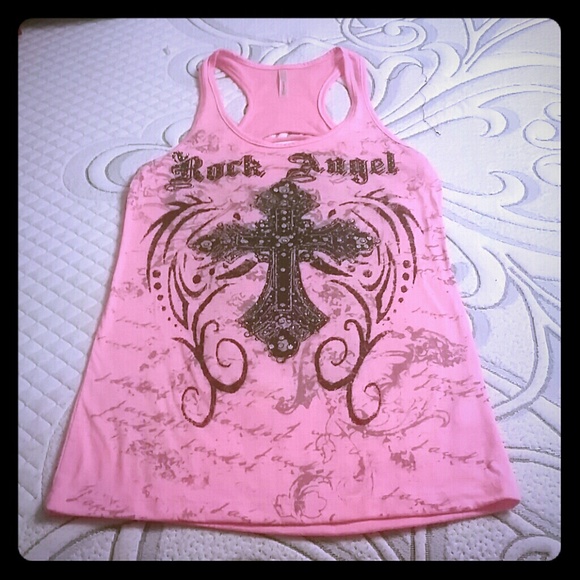 Pink rock angel shirt with shredded back detail