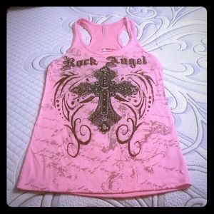 Pink rock angel shirt with shredded back detail