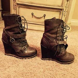 Brown leather wedge boots