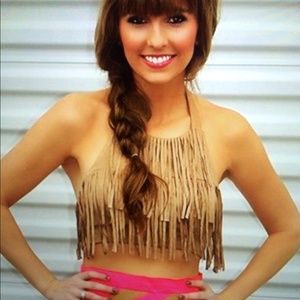 NEW Ark & Co. Fringe Halter Top in Taupe - Small