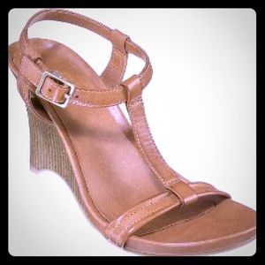 Tan wedge sandals, size 9.5