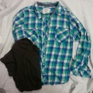 Old Navy Brown Tee Sz XXL & Flannel Shirt Size 1X