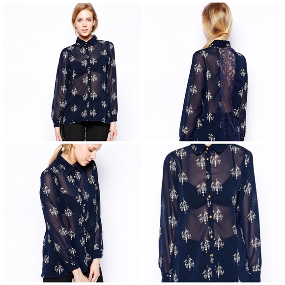 ASOS Tops - ASOS bird cage SugarHill Navy sheer Blouse