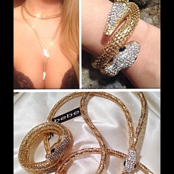 Bebe gold rhinestone snake head necklace& bracelet