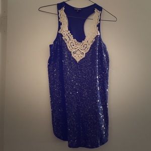 Express XS Blue Sequin Crocheted Racerback Tank