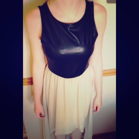 High-low black leather dress