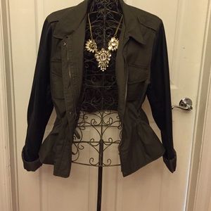 Army Green Leather Sleeves Jacket