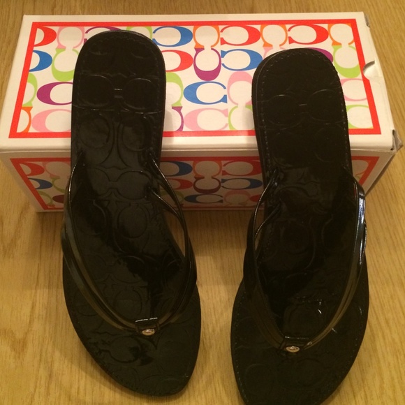 Coach patent leather flip flops