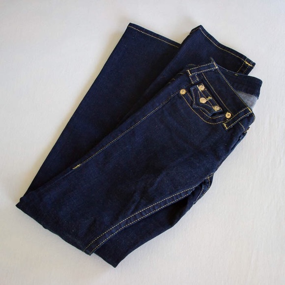 True Religion dark rinse jeans with gold thread