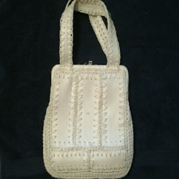 vintage white leather/crochet straw handbag - Picture 1 of 4