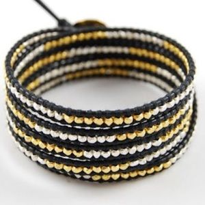 Silver and Gold Cube Black Leather Bracelet Wrap