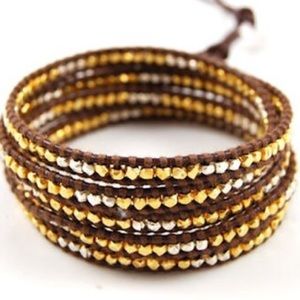 Silver & Gold Cube Brown Leather Bracelet Wrap