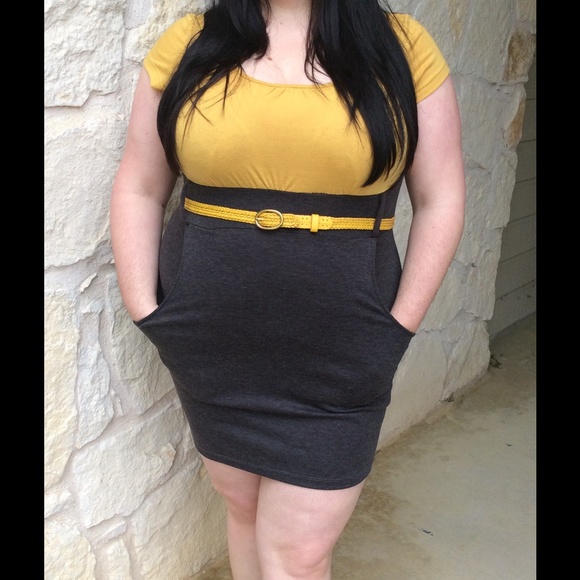 Yellow and Gray Plus Size Pencil Skirt Dress