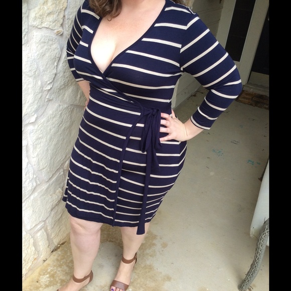 Calvin Klein Wrap Navy and Tan Striped Dress NWOT