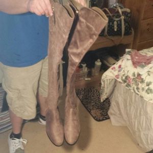 Liliana thigh high light brown boots black heel
