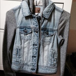 Jean jacket with gray hoodie