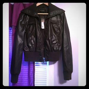 Dark brown pleather jacket.