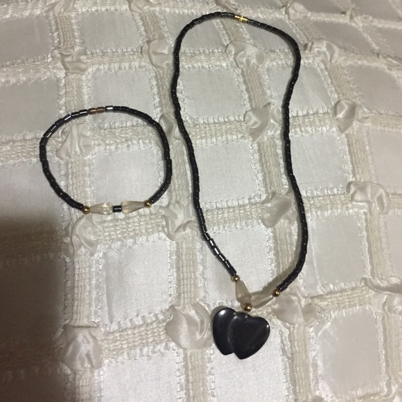 Black stainless necklace bracelet set double heart