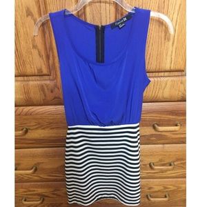 Blue and black and white striped dress