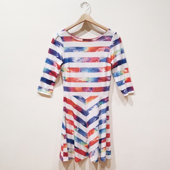 Long Sleeve Striped Tie Dye Print Skater Dress