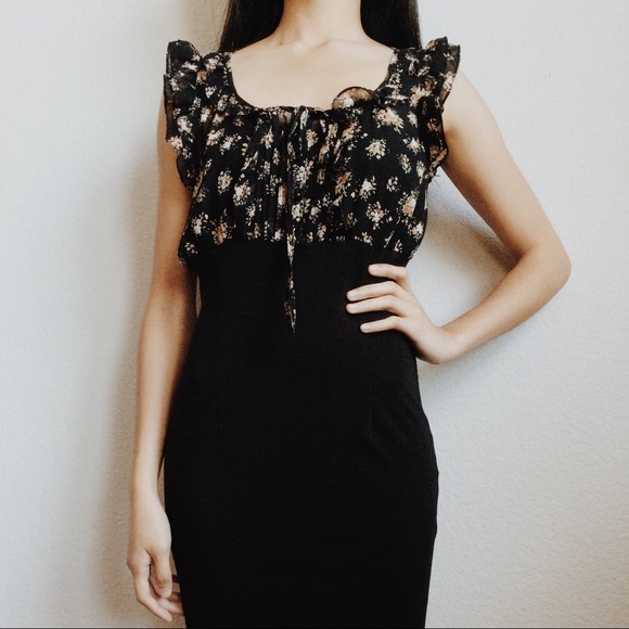 🌿 Ruffled Formal Black Pencil Skirted Dress 🌿
