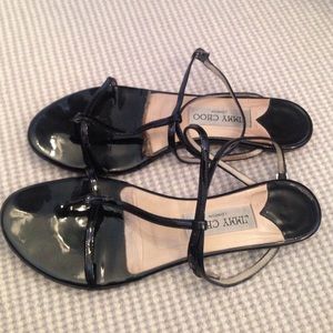 Jimmy Choo black patent t-strap sandals