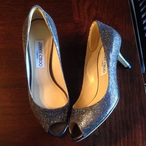 Jimmy choo silver sparkle peep toes