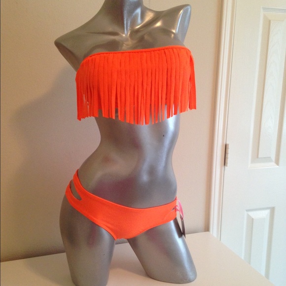 Swimsuit orange neon stapless with fringe