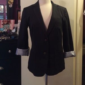 Navy blazer with light blue striped lining