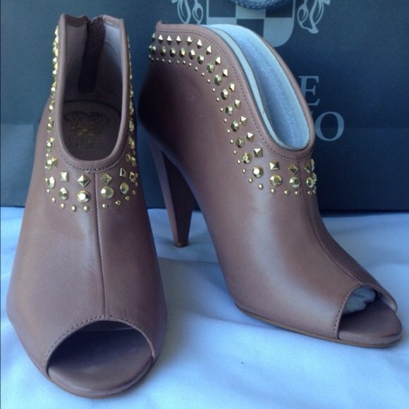Leather Peep Toe Booties With Gold Studs