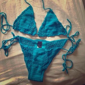 Crocheted bright blue sexy bikini