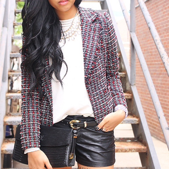 black / red / white tweed blazer