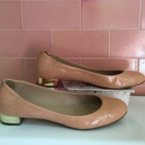 Pink patent leather j crew flats with golden heel