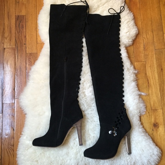 SOLD 🎉2xHP🎉Black Thigh High Suede Lace Up Boots - Picture 2 of 4
