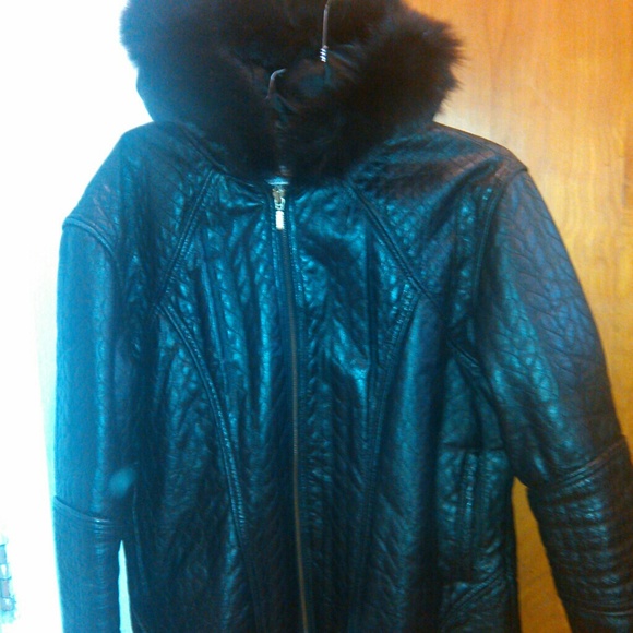 Womens Quilted leather coat with fur hood