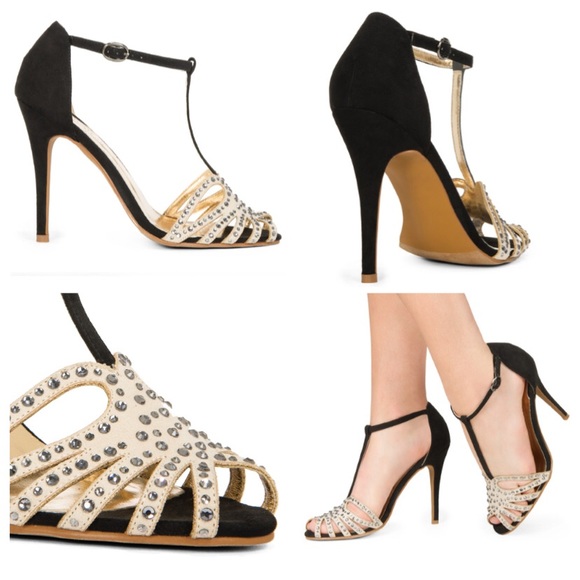JustFab Shoes - Black & Beige Embellished T-Strap Heels