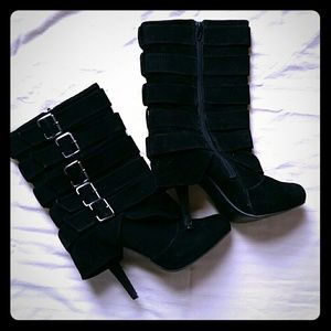 Buckle Stiletto Midcalf Black Suede Boots