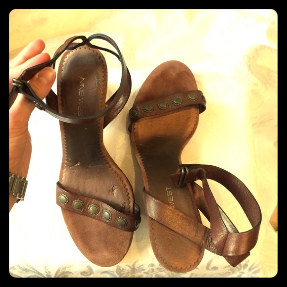 Nine West Brown leather studded wedges 9.5