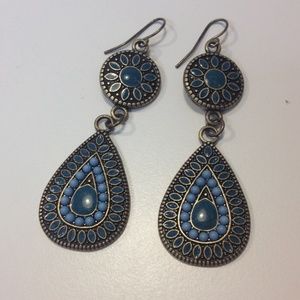 Brass Toned Denim Bead Teardrop Earrings