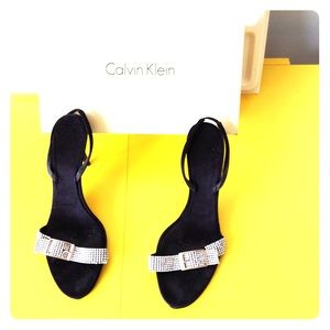 Calvin Klein Black Satin Heels w/Rhinestone Buckle