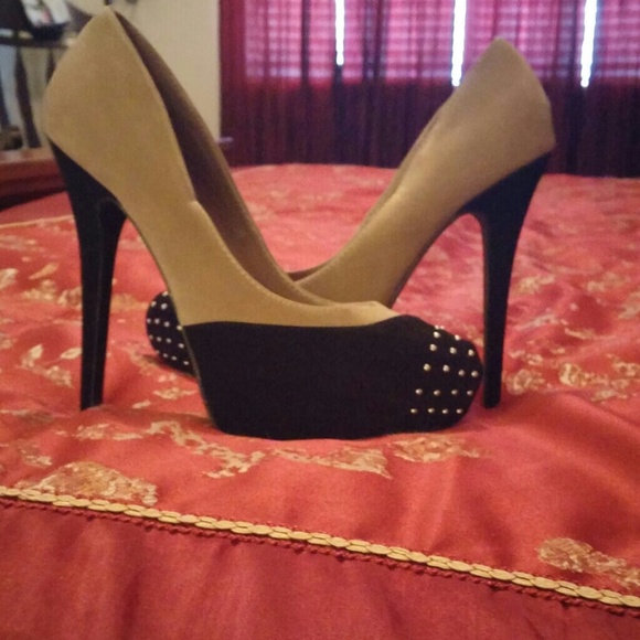Black and tan 6 in studded heels