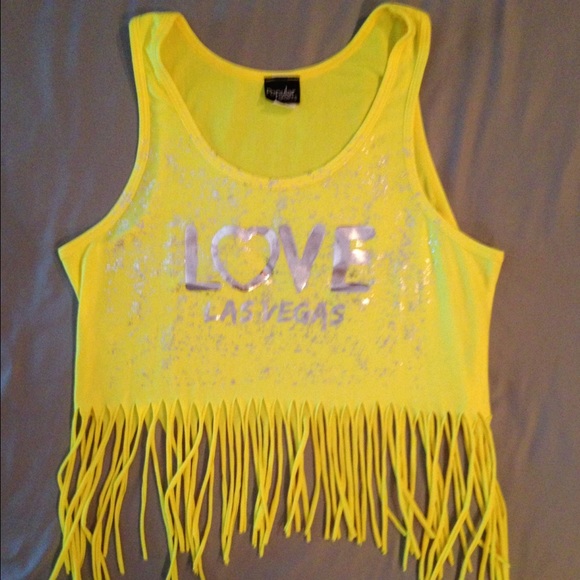 Festival style fringed neon yellow Vegas shirt