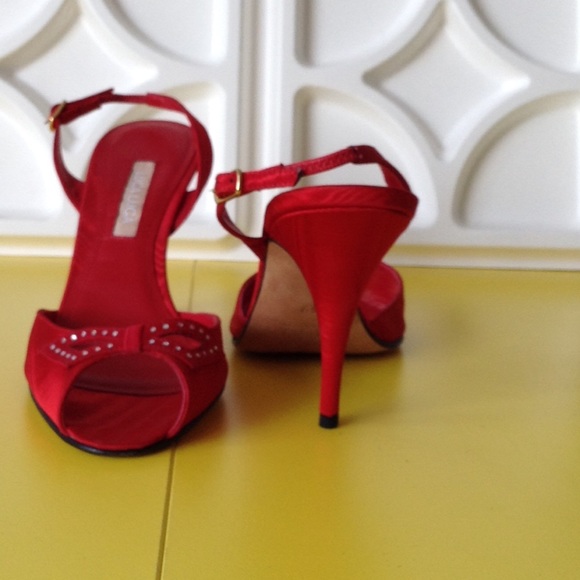 Luca Luca Red Pleated Silk Heels with Rhinestones - Picture 2 of 4