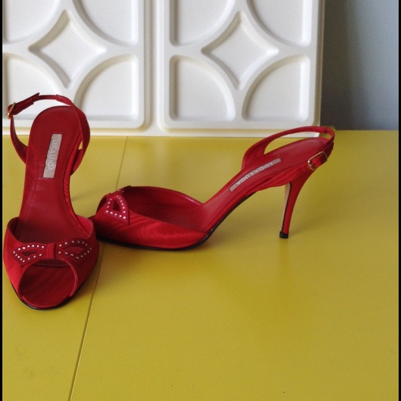 Luca Luca Red Pleated Silk Heels with Rhinestones - Picture 3 of 4