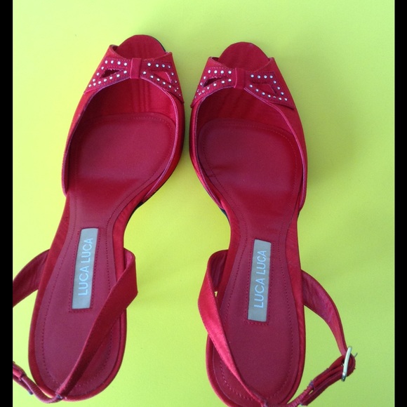 Luca Luca Red Pleated Silk Heels with Rhinestones - Picture 4 of 4