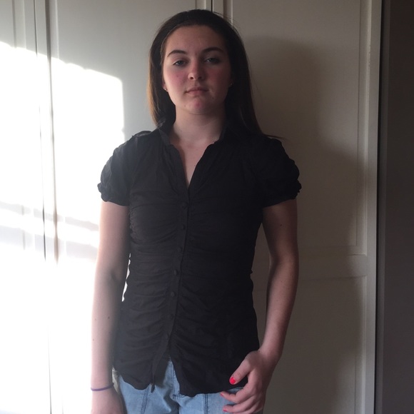 Black ruffled button down shirt