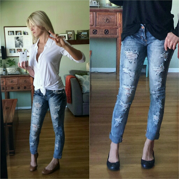 SOLD Light Wash Destroyed Cropped Denim - Picture 3 of 4
